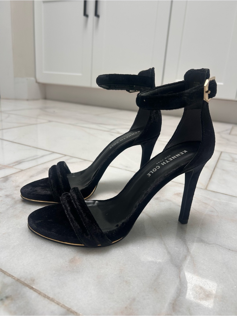 Kenneth Cole Black Velvet Ankle-Strap Stiletto Heels with Gold Buckle